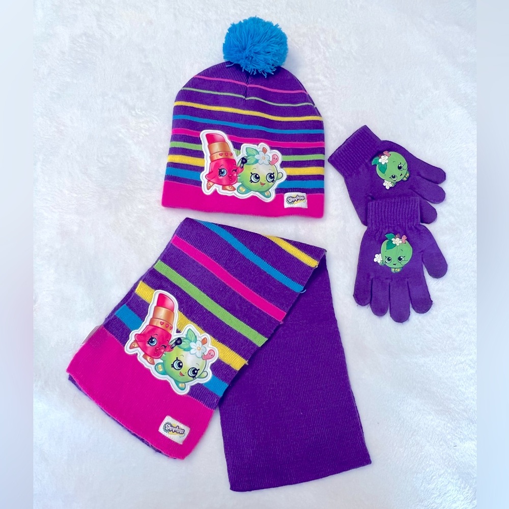 Shopkins Striped Pom-Pom Hat, Gloves & Scarf Set